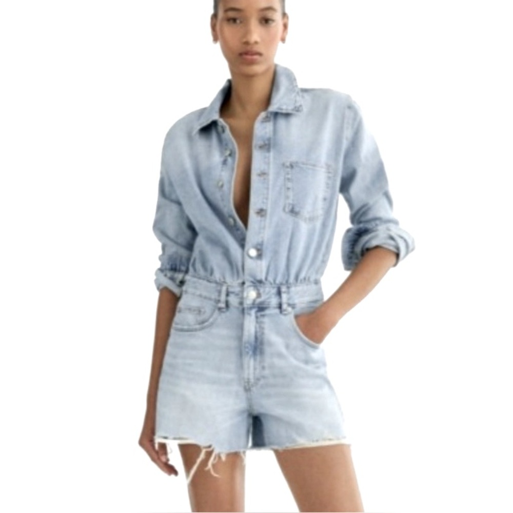 Zara, Denim Romper Blue Jean Long Sleeve Shorts High Rise Waisted